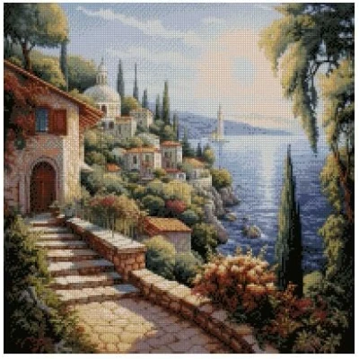 Image of Seaside Garden Counted Cross Stitch, 100% Cotton, 200x200 36x36 cm,Cotton Landscape Stitch Kits