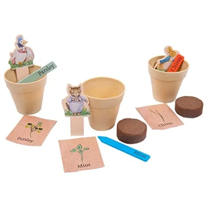 Image of Peter Rabbit Grow Your Own Herbs Kit. Includes a selection of Chives, Mint &amp; Parsley seeds, Bamboo Pots, Compost Pellets, Stickers Wooden Character Markers. Official Merchandise.