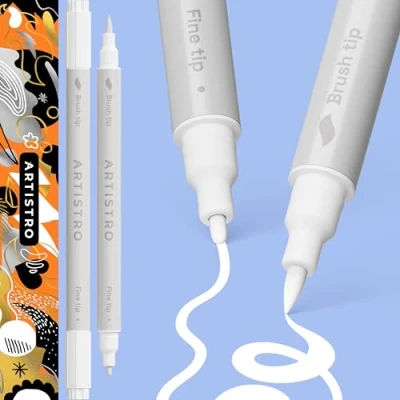 Image of ARTISTRO 2 White Dual Tip Acrylic Paint Pens Multisurface Markers for Fabric, Plastic, &amp; More, 1 mm Fine Brush Tips