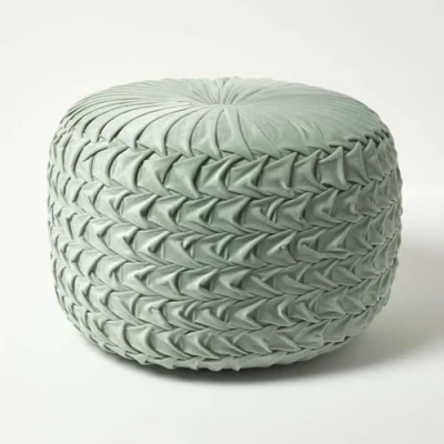Image of HOMESCAPES Green Velvet Pouffe 50 cm Wide Round Pleated Footstool with Bean Filling Foot Rest Vanity Stool for Living Room or Bedroom