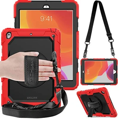 Image of TECHGEAR UTILITY Case fits Apple iPad 10.2&quot; 2021 2020/2019 [9th / 8th 7th Generation] Tough Rugged HEAVY DUTY Armour Shockproof 360 Degree Rotating Stand, Hand and Shoulder Strap Red