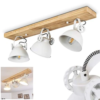 Image of Ceiling lamp Svanfolk, Metal/Wood in White/Nature, 3 Flame, with Adjustable spotlights, x E14 Socket, Retro/Vinatge Design, Without Bulbs