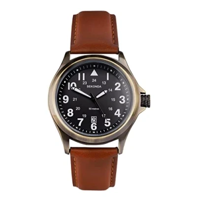 Image of Sekonda Altitude Men’s 43mm Quartz Watch in Black with Analogue Display, and Brown Leather Strap 30033