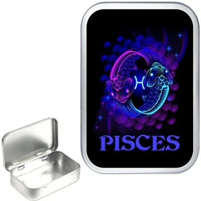 Image of TEEZ Zodiac Pisces 50ml, 1oz Hinged Silver Tobacco Tin, Pill Storage Tin