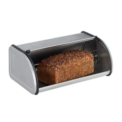 Image of Relaxdays Stainless Steel Bread Bin, Small Box, Keeps Fresh, Flat and Compact, Easy to Clean, Silver