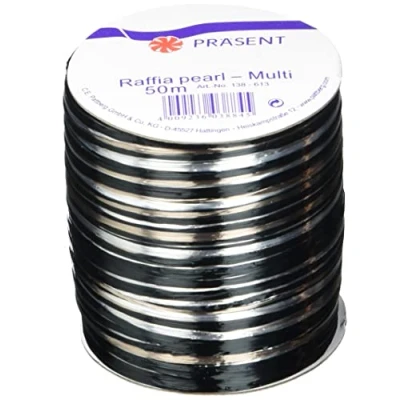 Image of Präsent Rayon Raffia Biodegradable Ribbon Silver Black 50 meter spool