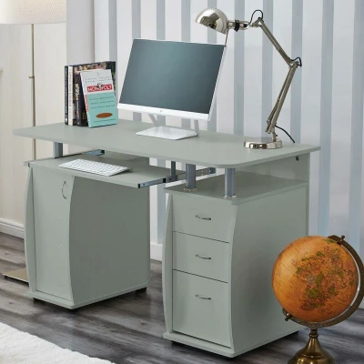 Image of RayGar Deluxe Design Computer Desk With Cabinet and 3 Drawers For Home Office Table Workstation New (Grey)