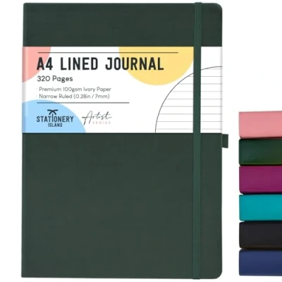 Image of STATIONERY ISLAND A4 Lined Notebook, 320 Pages Thick Journal Ruled Hardcover with 100gsm for Writing, Working, Studying, Diary, Fir