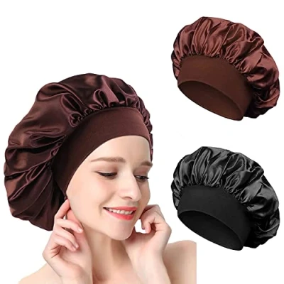 Image of 2PCS Silk Hair Bonnet for Sleeping, Soft Elastic Band Satin Bonnets Women, Colorful Curly Hair, Breathable Locs Sleep Cap (Black+Coffee)