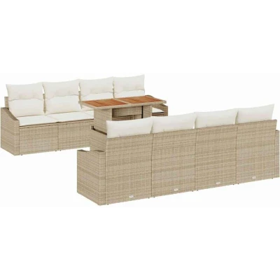 Image of vidaXL 9 Piece Garden Dining Set with Cushions Beige Poly Rattan Acacia