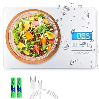 Image of MegaWise Food Scale, 33lb Rechargeable Digital Kitchen Weight Grams and Ounces for Cooking Baking, 1g/0.04oz Precise Graduation, 5 Units Conversion Tare Function, Waterproof Tempered Glass