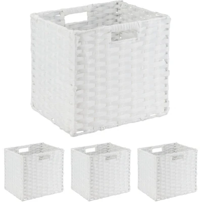 Image of Relaxdays Storage Baskets, Set of 4, Wicker Design, Folding Cubes, 31x32x30 cm, Shelf Organiser Boxes, Plastic, White, Iron