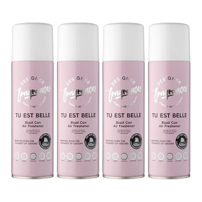 Image of Designer Fragrances 4 Pack Tu Est Belle Air Freshener Blast Cans For Home &amp; Vehicles Natural Oils, Luxury Lasting Smell, Dry Mist Quick Release Spray Deodorise Neutralise Odours 300ml