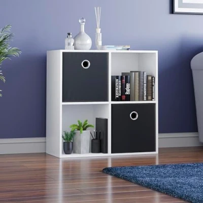Image of Vida Designs Durham Cube Bookcase Storage Organiser Living Room Bookshelf Home Office Furniture (4 &amp; 2 Black Baskets, White)