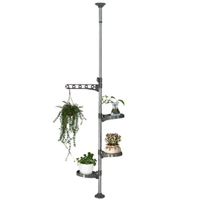 Image of Hershii Indoor Plant Stand Pole Tension Rod Corner Standing Shelf Adjustable Flower Pots Holder Display Rack with 1 Hook &amp; 3 Trays Grey