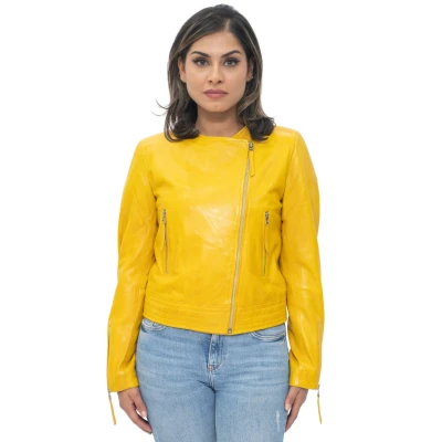 Image of Ladies Leather Jacket Classic Biker Style Yellow Real Collarless Womens L