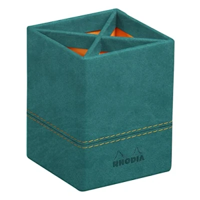 Image of RHODIA 194532C Peacock Pencil Holder 8x8x11 cm Orange Saddle Stitching Faux Leather Exterior Home Office Collection Rhodiarama Organization &amp; Design Storage