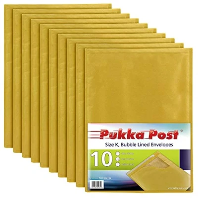 Image of Pukka Post &amp; Packaging Bubble Lined Envelopes Pack of 10 Self Seal Padded Lightweight Mailers for Safe and Secure Shipping Impact Puncture Resistant Protection 370 x 480 mm, Size K Gold