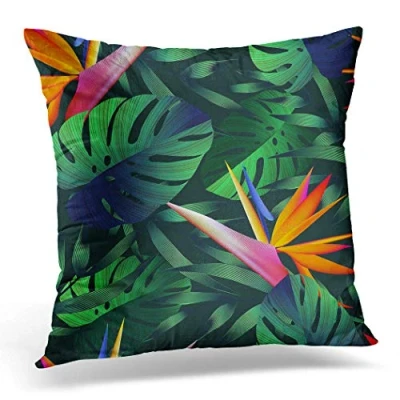 Image of Topyee Cushion Cover Tropical Flowers Jungle Leaves Bird of Paradise Beautiful Floral 45x45cm/18x18 Inch Home Decor Throw Pillow Square Pillowcase for Bed Sofa