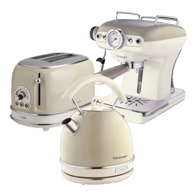 Image of Ariete ARPK16 Retro Style Dome Kettle, 2 Slice Toaster and Espresso Machine Set, Vintage Design, Beige