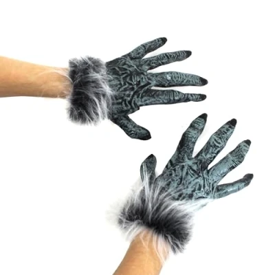Image of Adults Werewolf Gloves Pack of 1 Pair Grey with Furry Cuffs Halloween TV Film Fancy Dress Costume Accessory