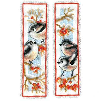 Image of Vervaco Counted Cross Stitch Kit: Bookmark: Long Tailed Tits &amp; Red Berries: Set of 2, Cotton, NA, 6 x 20cm
