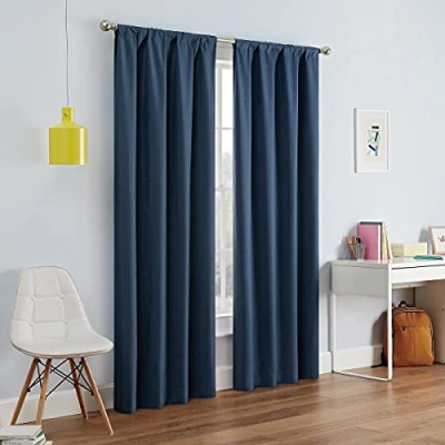 Image of Eclipse Modern Blackout Thermal Rod Pocket Window Curtain for Bedroom or Living Room (1 Panel), Polyester, Denim, 42 in x 63