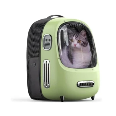 Image of PETKIT Cat Backpack Carrier Bag with Inbuilt Fan &amp; Light, Ventilated Bubble for Puppy Up to 8KG, Airline Approved, Padded and Lightweight Travel Hiking Walking Camping, Green