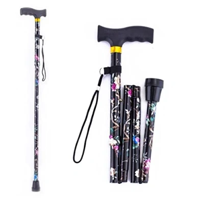 Image of WARESHARK Walking Stick, Easy Adjustable Height Folding Extendable Cane, Lightweight Flexible and Durable Aid Mobility Collapsible Stick (Black with Flowers)
