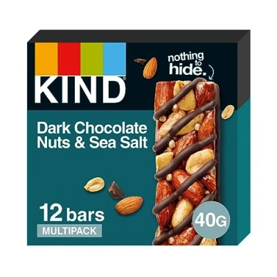 Image of KIND Bars, Gluten Free Snack Dark Chocolate Nuts &amp; Sea Salt, High Fibre, Healthy Snack, No Artificial Colours, Flavours or Preservatives, Multipack 12 x 40g
