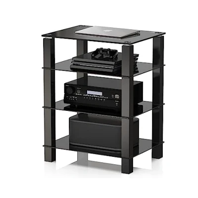 Image of FITUEYES HiFi Rack AV Shelf 4 Tiers Glass TV Stand with Tempered Media Storage Shelves Black
