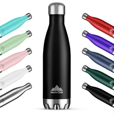 Image of Mont Clair H2O Stainless Steel Water Bottle, Vacuum Insulated + BPA Free, 12h Hot &amp; 24h Cold Drinks Metal Bottle 1L Leakproof, Ideal for Adult, Kids, Running Black