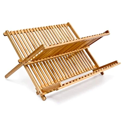 Image of Relaxdays CROSS Dish Rack, 24.5 x 42 33 cm, Bamboo Two Tier Foldable Drying Natural Brown