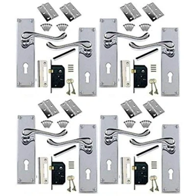 Image of Jiyo.Outdoor 4 Sets of Victorian Scroll Polished Chrome Door Handle Lock Pack +2 Lever + Hinges
