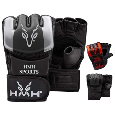 Image of HMH Sports MMA Gloves for Grappling Martial Arts, Open Palm Maya Hide ConvEX Leather Sparring Mitts Cage Fighting, Kickboxing, Punching Bag, Muay Thai and Combat Training (Silver, Medium)