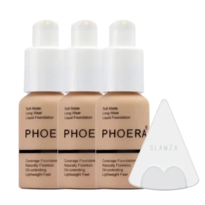 Image of Glamza Phoera Foundation Full Coverage Makeup Set 24hr Long Lasting Oil Control Soft Smooth Matte Flawless Concealer Cream Inc x10 30ml &amp; Silicone Blender Sponge (101 Porcelain)