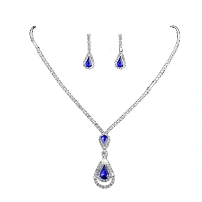 Image of Wedity Wedding Crystal Necklace Earrings Set Bride Choker Necklaces Blue Pendant Jewelry for Women and Girls (Blue 2)