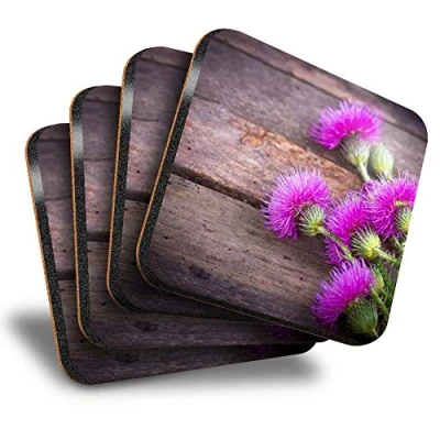 Image of Destination Vinyl ltd Great Coasters (Set of 4) Square Purple Scottish Thistle Drink Glossy Coasters/Tabletop Protection for Any Table Type #3645