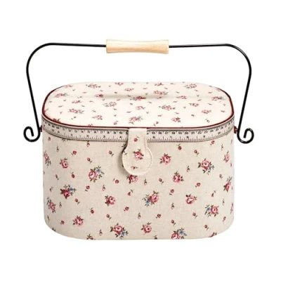 Image of Prym Ivory Linen Fabric with Delicate Country Rose Tape Measure Print Trim Metal/Wood Handle Sewing Basket Large, 30x20.5x19 cm