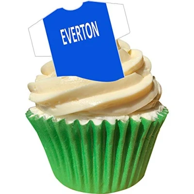 Image of 12 Edible T Shirt Decorations Great for Everton Fans Perfectly pre Cut Wafer just pop Them Out The Packaging and top on Your Cake Pack of by CDA Products Ltd