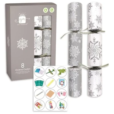 Image of Giftmaker Pack 8 Silver &amp; White Snowflake Novelty Family Christmas Crackers 29cm