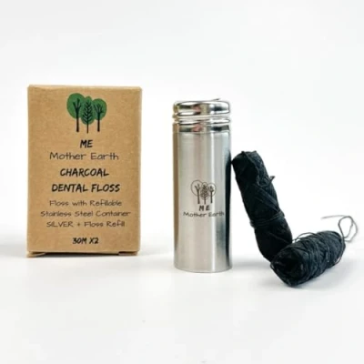 Image of Vegan Biodegradable Bamboo Charcoal Dental Floss with Refillable Stainless Steel Container 33yds x2 Extra Refill Natural Candelilla Wax Peppermint Eco Zero Waste Oral Care
