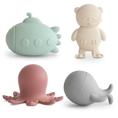 Image of Mushie bath Toy for Babies Toddlers and Children made of Silicone Pack 4 Sea Life Toys Pool Water bathtub bathing fun Whale, Submarine, Diver &amp; Octopus