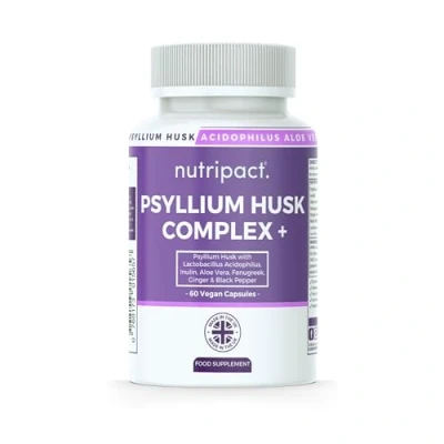 Image of Nutripact Fibre Supplement 4000mg Psyllium Husk Capsules with 1bn cfu High Strength Probiotic Acidophilus, Inulin, Aloe Vera Natural Soluble Fiber Plantago Ovata Seeds Husks 60 Vegan Caps