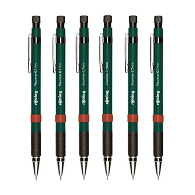 Image of rOtring Visumax Mechanical Pencils 0.7mm Pack of 6 Refillable Twist Out Eraser Rubber Grip (Dark Green Barrels)