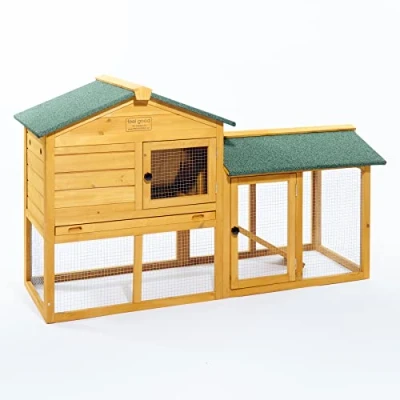 Image of Feel Good Rabbit Hutch and Run Wooden Bunny House with integrated run, slide out tray, cover available.