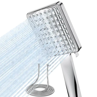 Image of VOXON Shower Head and Hose Set, High Pressure Heads with 6 Spray Modes, Universal Handheld Square 1.8m Stainless Hose, Large Rain for Low Water Pressure, Silver