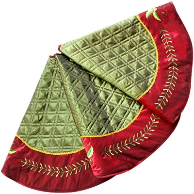 Image of SORRENTO Quilted Faux Silk Christmas tree skirt, Holly Leaves Embroidery Border 50&quot;
