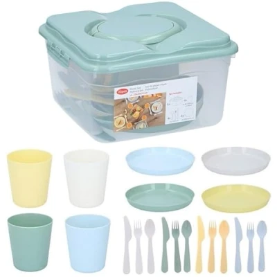Image of 21 Piece Plastic Dinnerware Set in Storage Box with Carry Handle Outdoor Camping BBQ Picnic Untesils Cups Forks Knives Plates &amp; Spoons