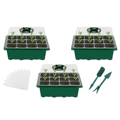 Image of Seed Trays, 3 Pack 36 Cells Propagator Growing Thicken Seedling Starter Trays with Lids, Germination Kit Plastic for Greenhouse,Garden Green